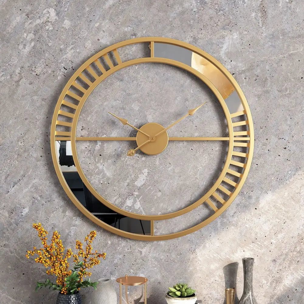 Large industrial mirror wall clock styled in modern living room