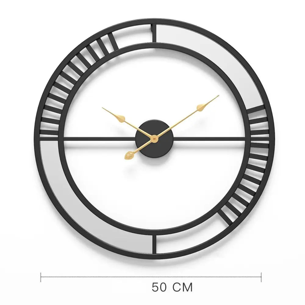 Black metal wall clock with mirror detail, side profile showing 15 mm thickness
