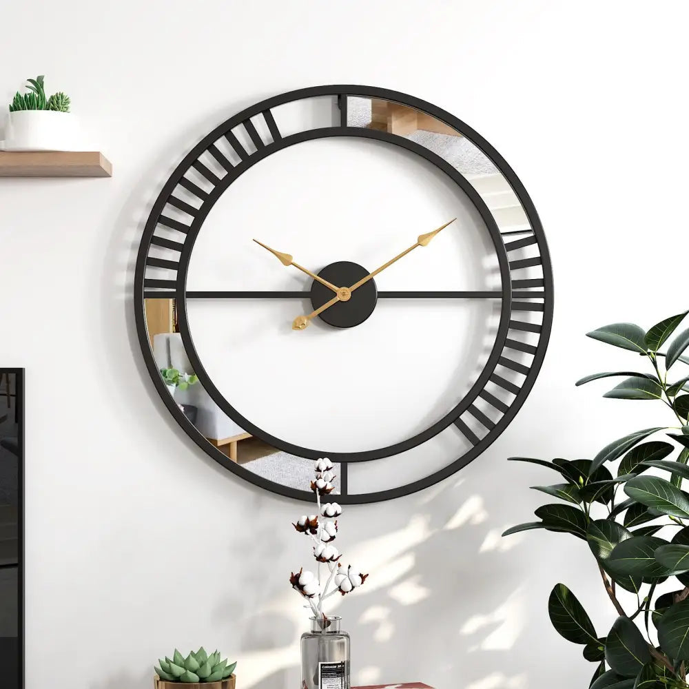 Industrial loft wall clock in gold finish displayed in urban apartment