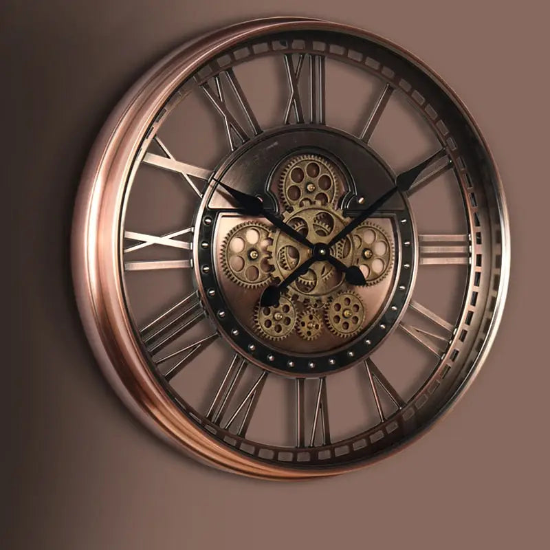 Large metal wall clock with spinning mechanical effect and mineral glass mirror