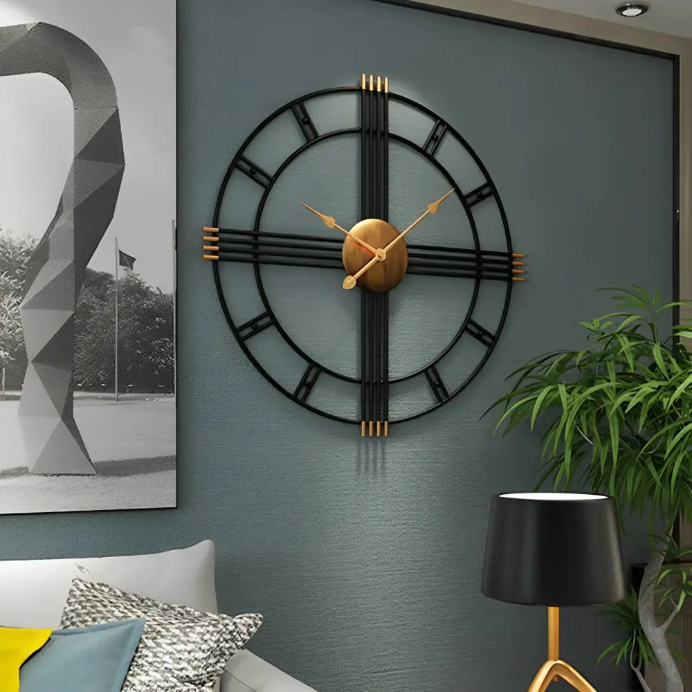 Close-up of silent quartz movement on black and wood industrial wall clock