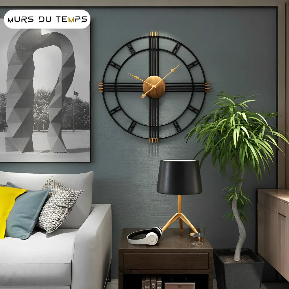 Large industrial wall clock hung in a modern living room