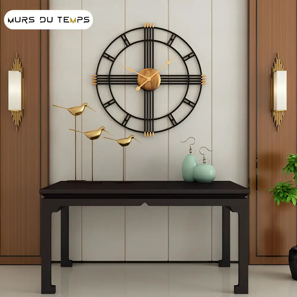 Side view showing 30 mm thick plate of industrial wood and metal wall clock