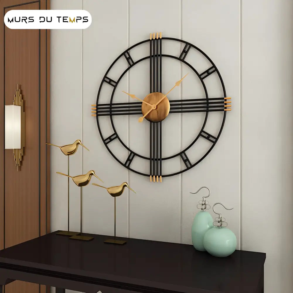 Industrial wall clock displayed in an open-concept kitchen setting