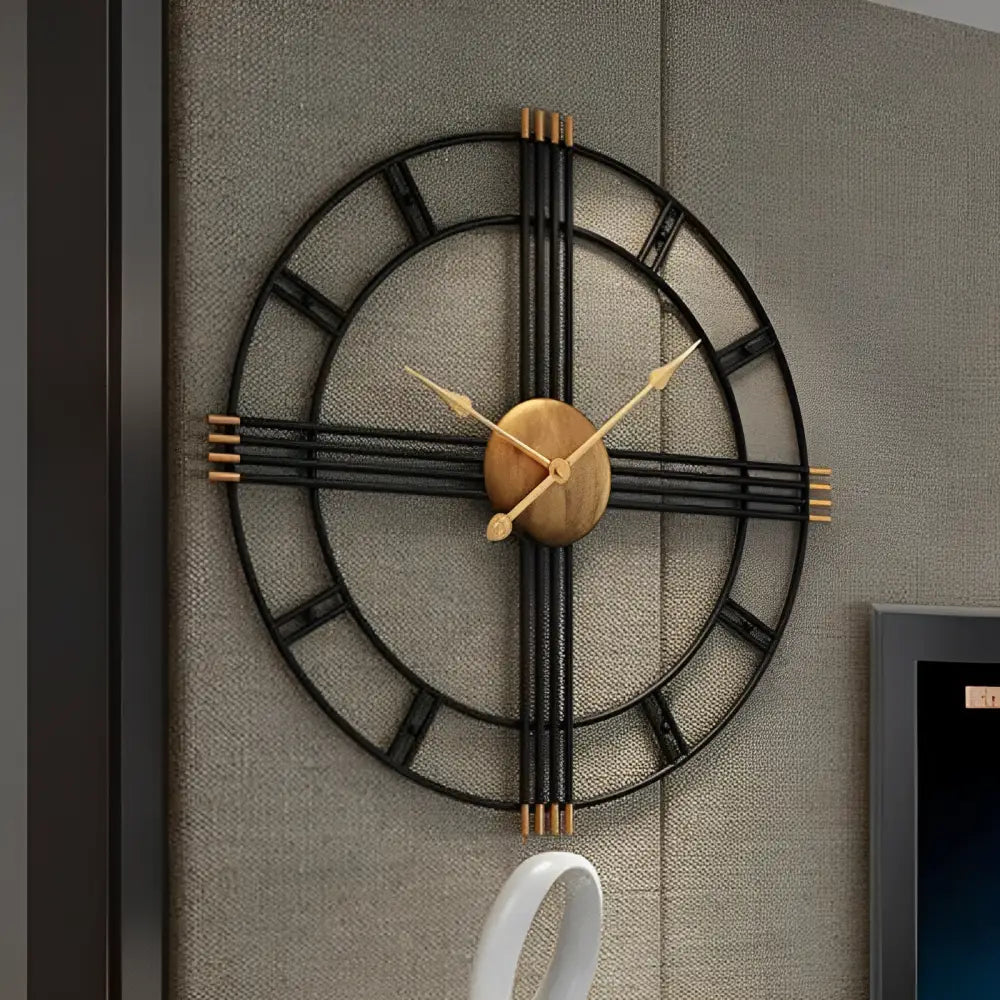 Industrial Wall Clock - Natural Wood and Black Metal, 50 cm