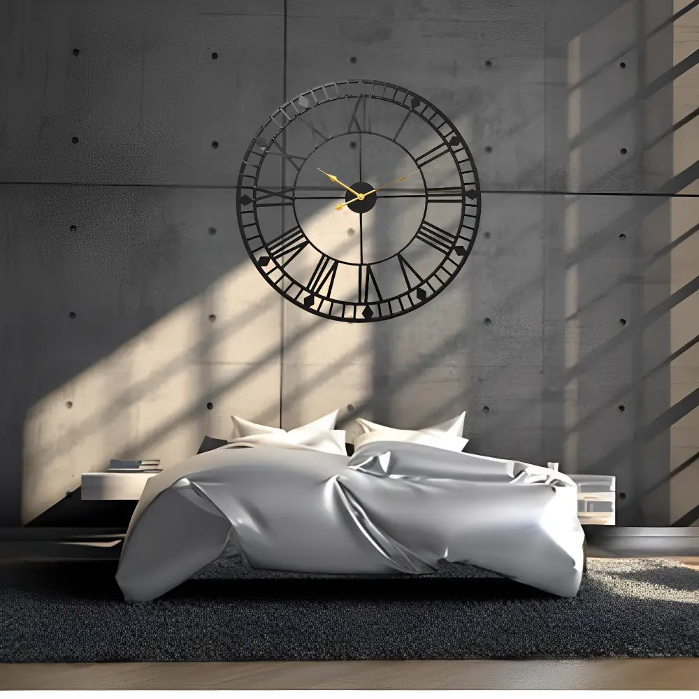 Hand-welded black metal wall clock with analog hands close-up