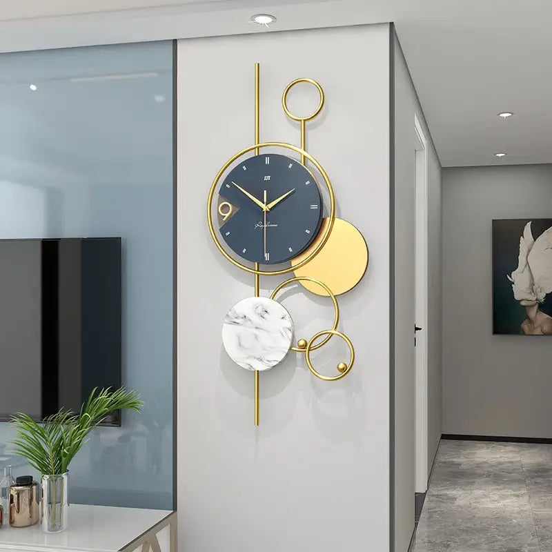 Modern geometric wall clock displayed in a living room setting
