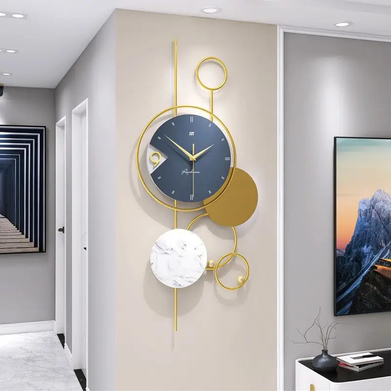 Side profile of large decorative wall clock showing metal and acrylic construction