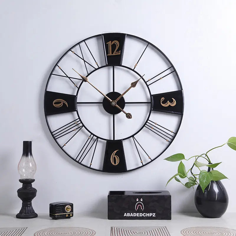 Close-up of silent sweep hands on industrial metal wall clock