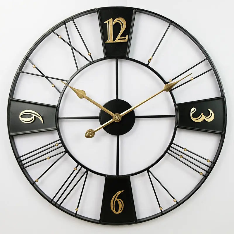 Retro gold finish large round metal wall clock in a modern kitchen
