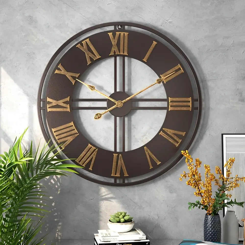 Close-up of golden acrylic Roman numerals and golden hands on industrial wall clock