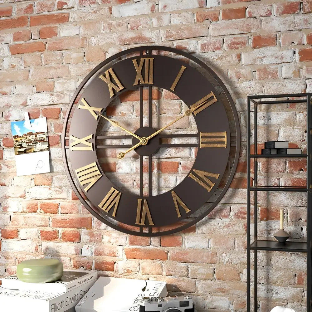 Industrial wall clock with specular metal shadow effect mounted on living room wall