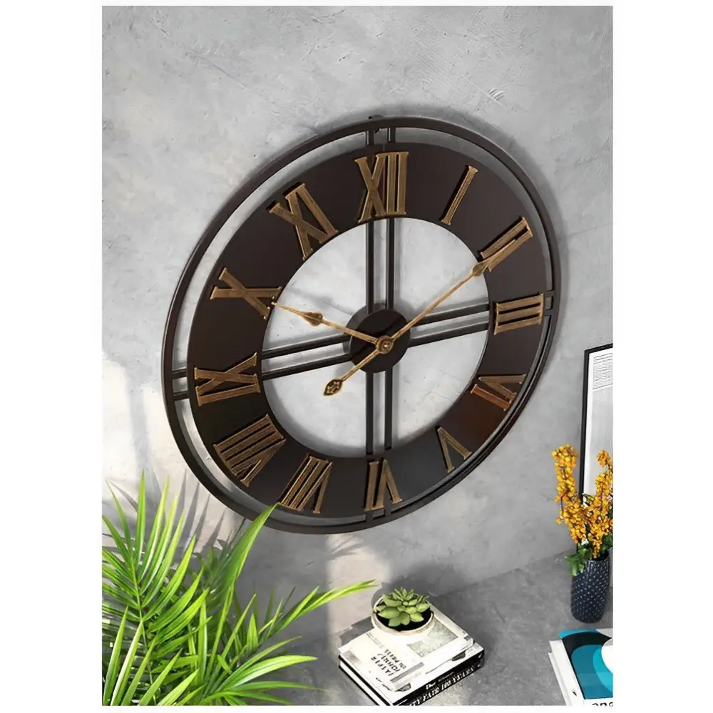 Full view of 58 cm silent quartz industrial wall clock in aged brown