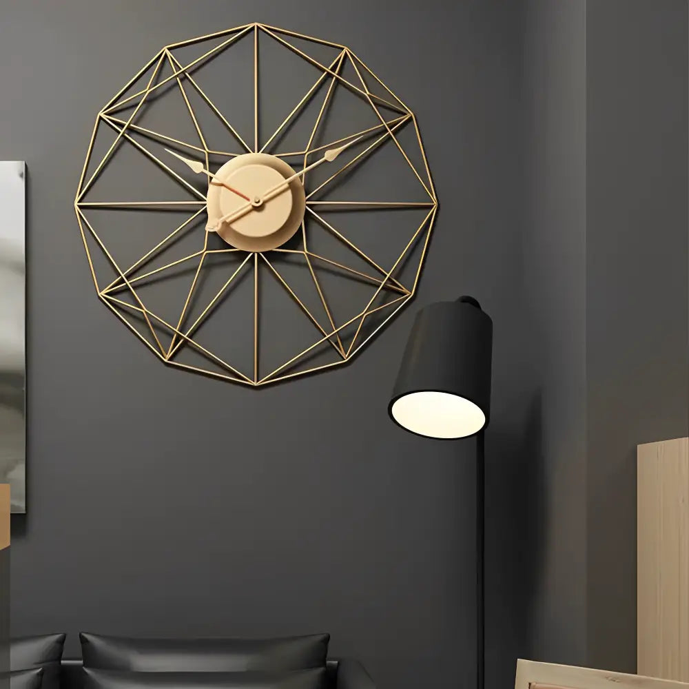Large metal wall clock black variant above a sofa in a living room