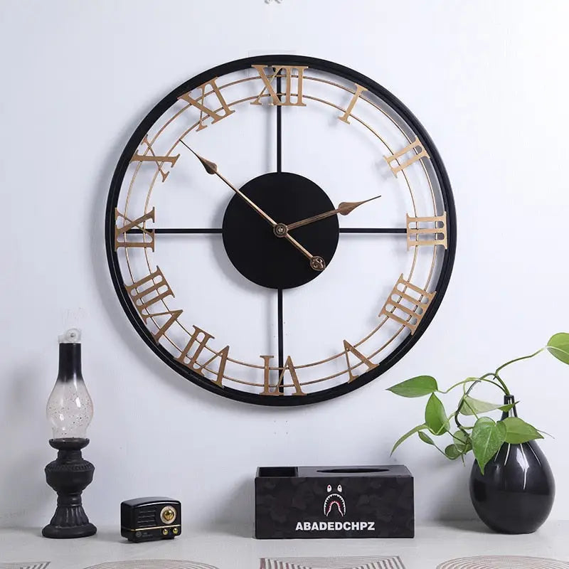 Close-up of Roman numeral dial with black metal frame