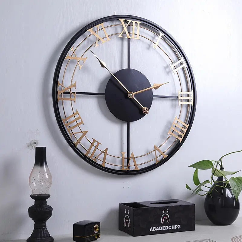 Industrial wall clock with silent analog hands mounted in living room