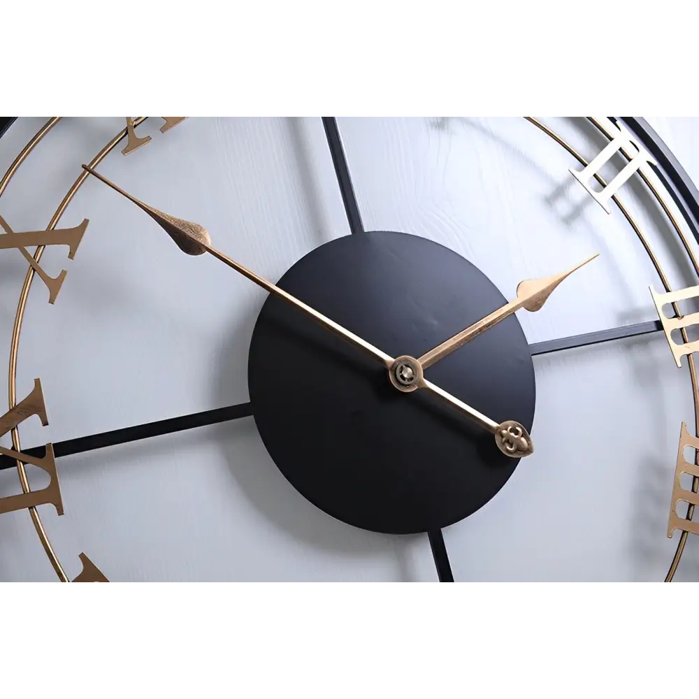 Black frame Roman numeral clock detail showing hour and minute hands
