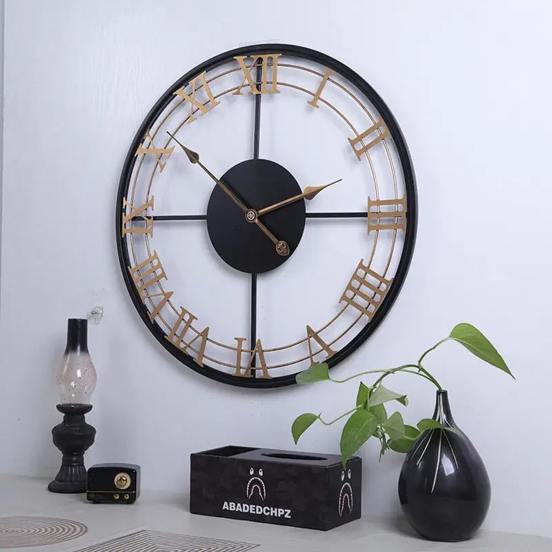 Large Roman Numeral Wall Clock - Industrial Metal Design, 60 cm