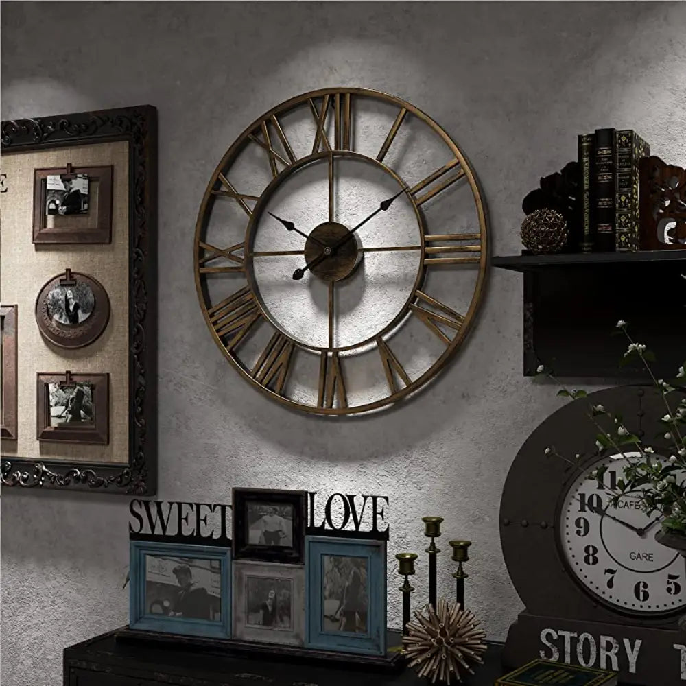 Black metal Roman numeral wall clock 60 cm on living room wall