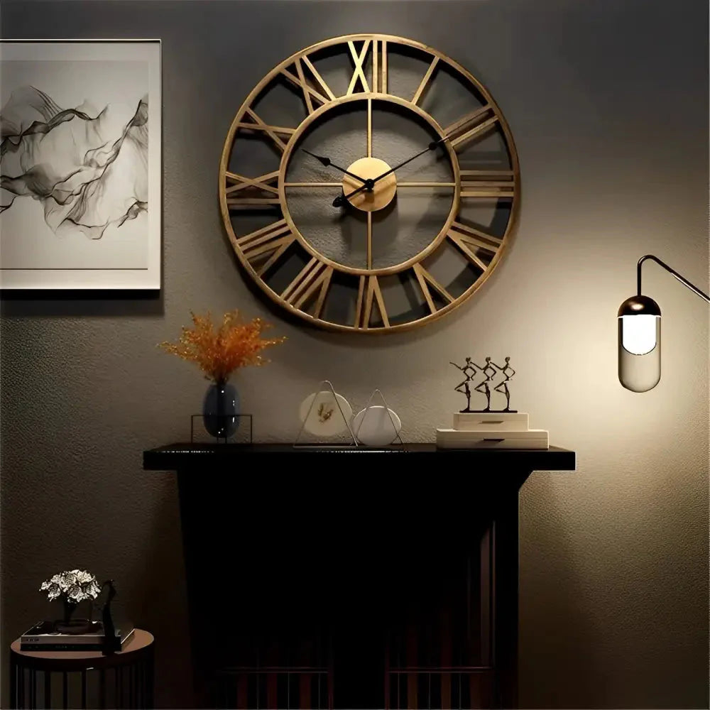 40 cm Roman numeral wall clock in retro gold above kitchen counter