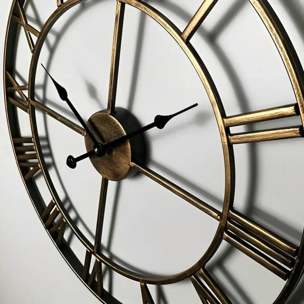 Roman numeral wall clock displayed in modern living room decor