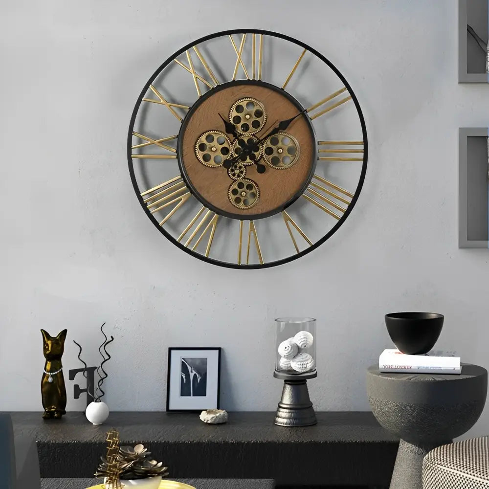 Close-up of rotating golden gear mechanism on metal and wood wall clock