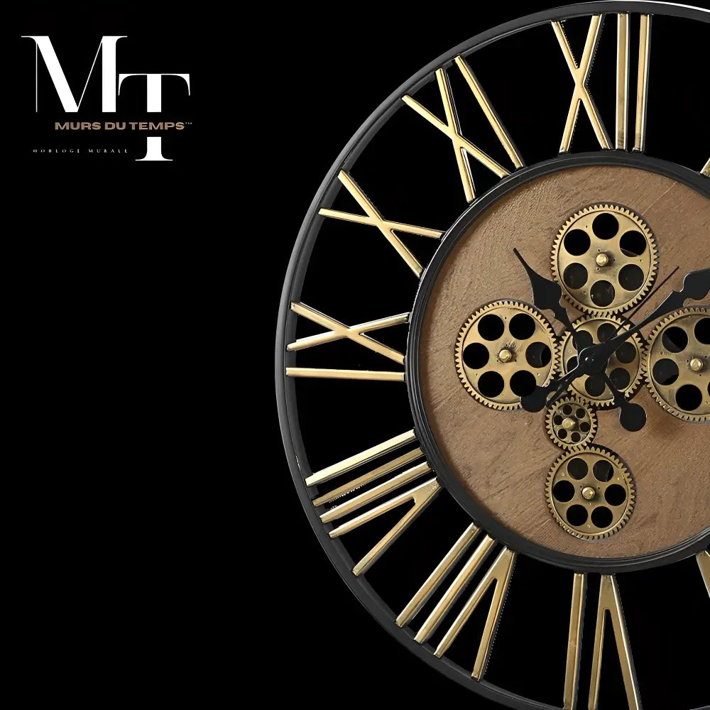 Metal and solid wood steampunk clock displayed in a modern interior