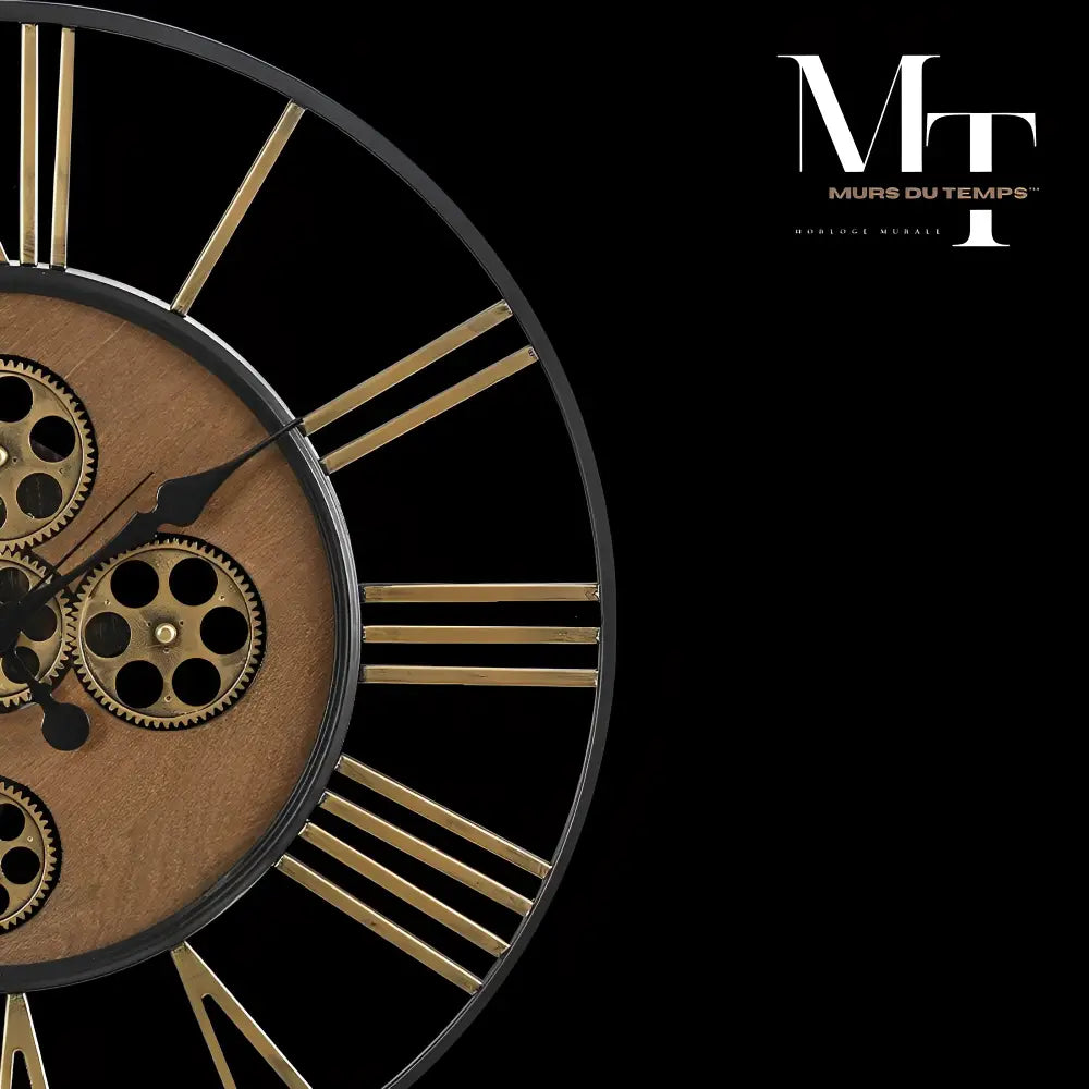 Side view of large decorative steampunk wall clock showing gear detail