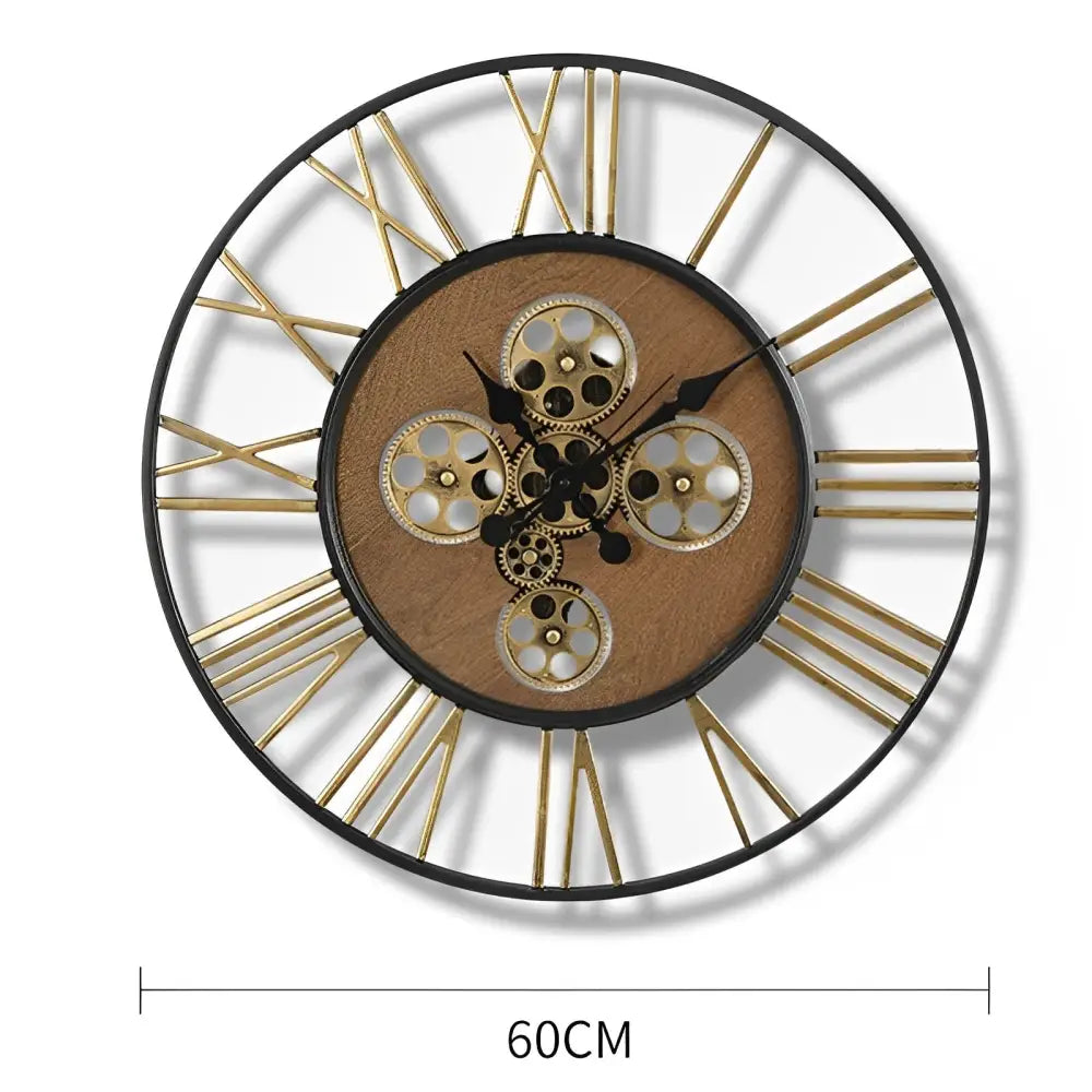 Steampunk wall clock with silent quartz movement mounted on a dark wall