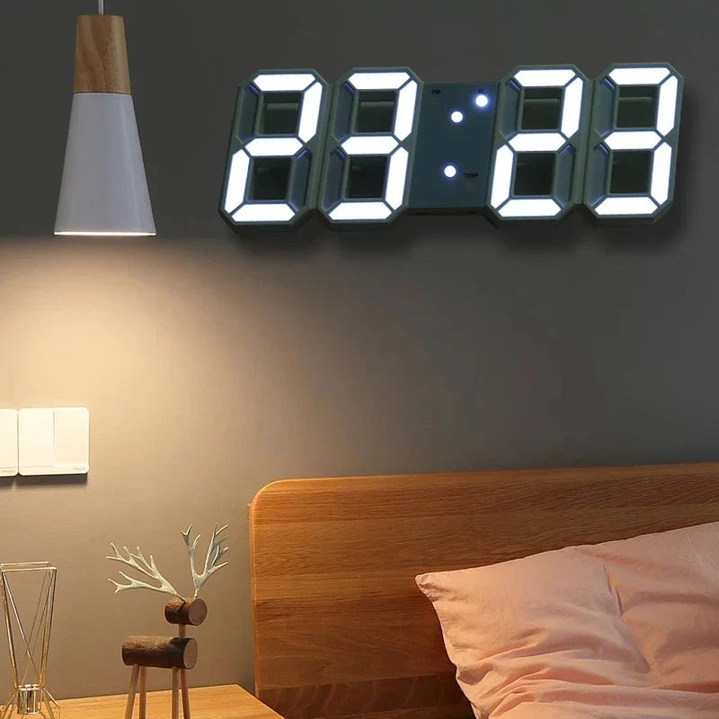Close-up of LED clock display showing bold digital numerals and temperature