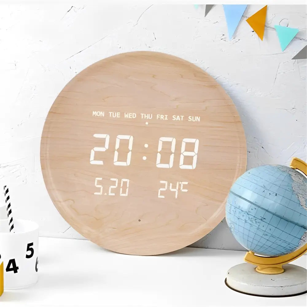 Round LED wall clock in black wood finish showing time and date display