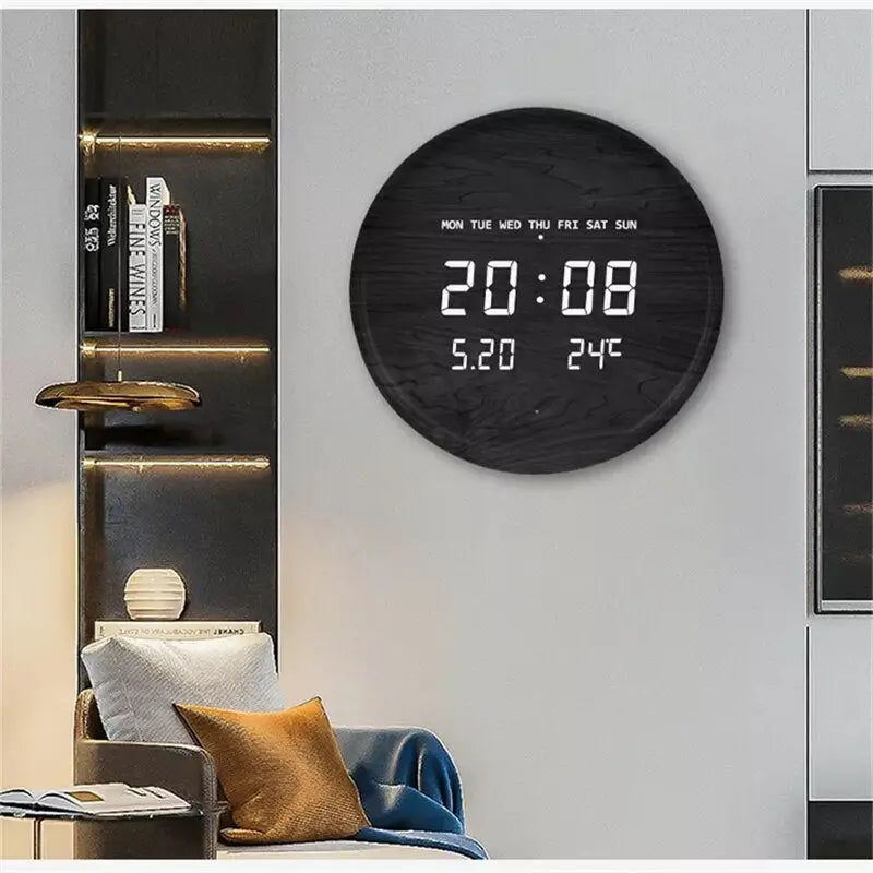 Close-up of LED clock face with bright digital numerals on bamboo frame