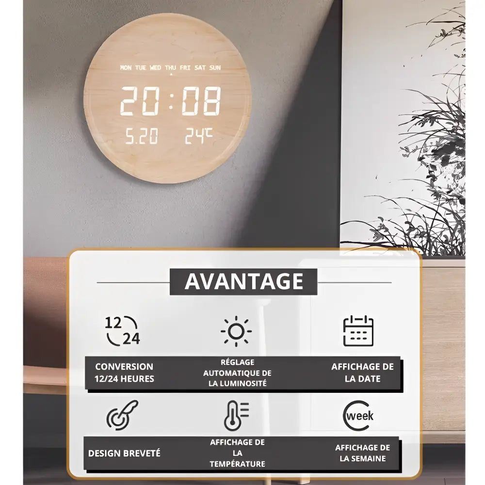 Voice activated LED wall clock mounted on a light gray living room wall