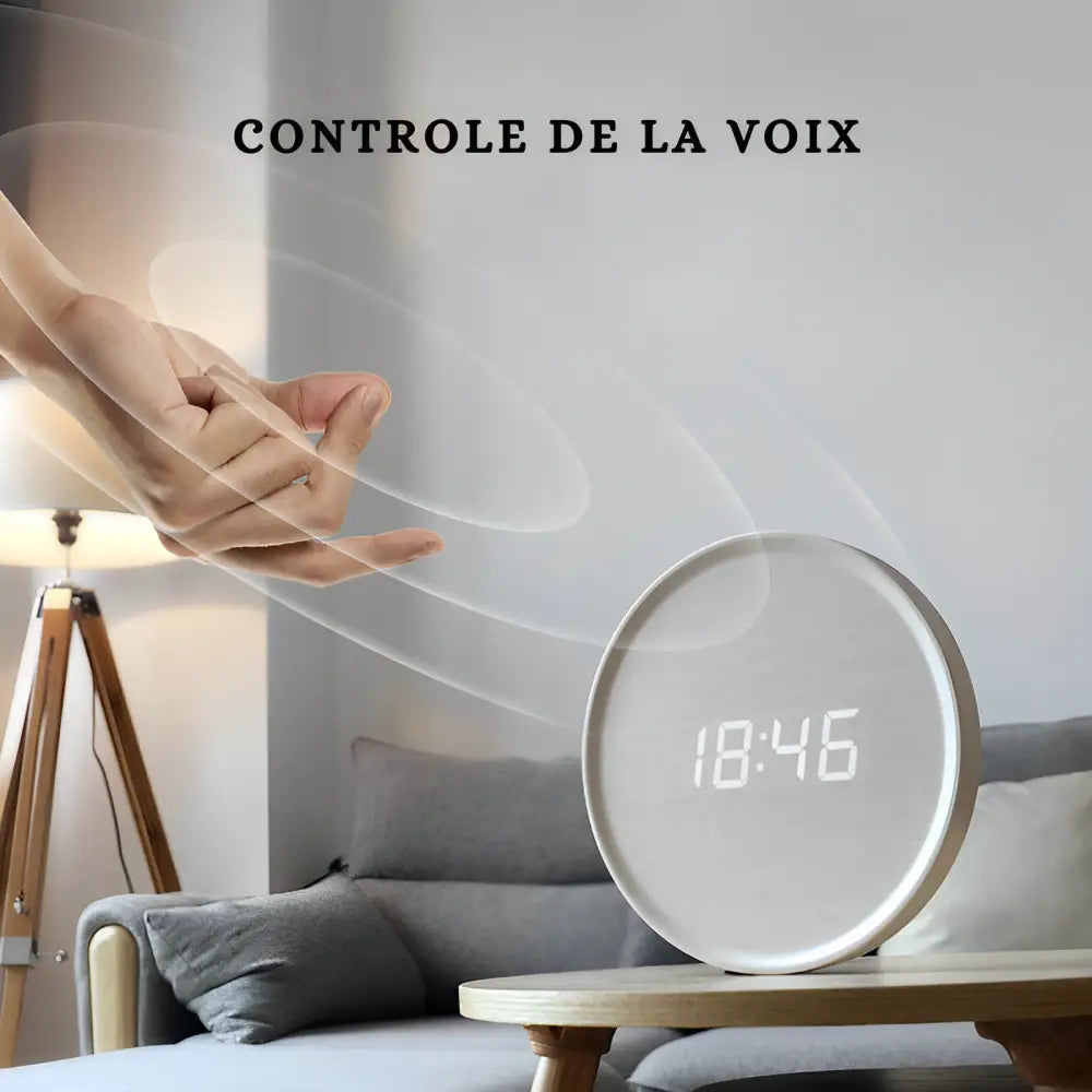 Natural wood LED wall clock with soft ambient glow in a dark room