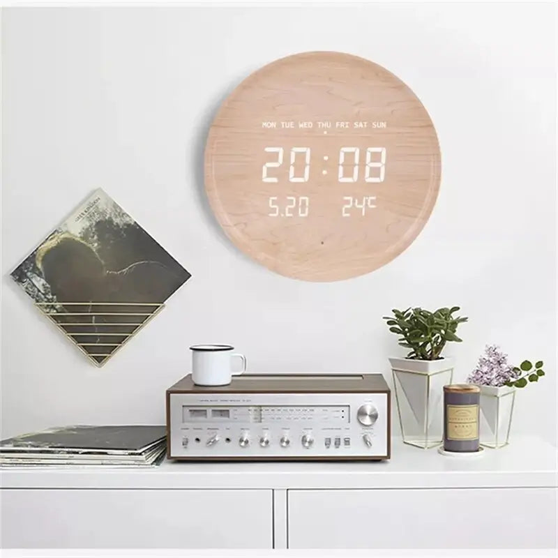 LED wall clock detail showing auto-brightness and date display feature