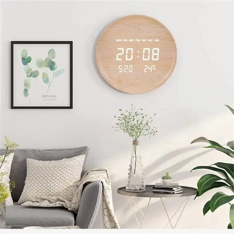 LED Wall Clock with Wood Frame - Digital Display, Voice Activated