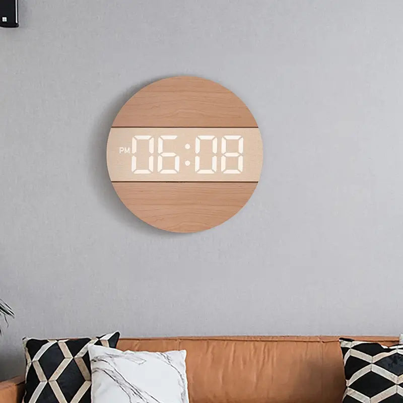 LED Wood Wall Clock - Digital Display, Silent, 12/24H Mode