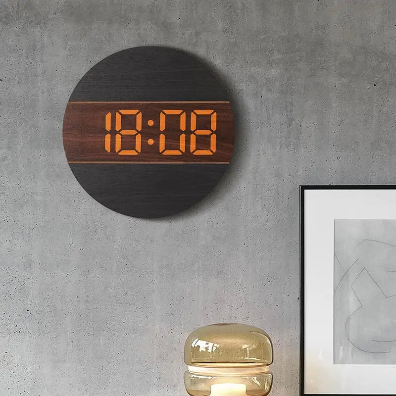 Close-up of LUMINOVA digital LED display on wooden wall clock
