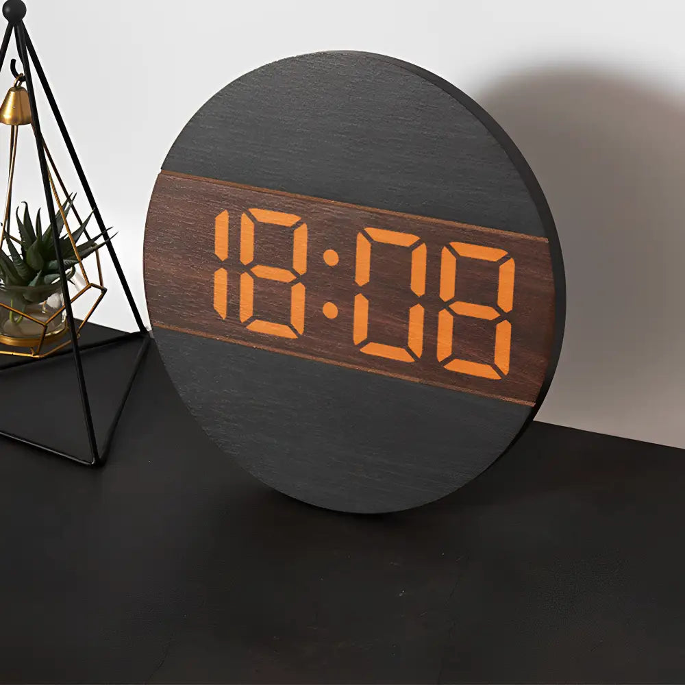 Black LED wood wall clock showing 12/24H time mode in living room
