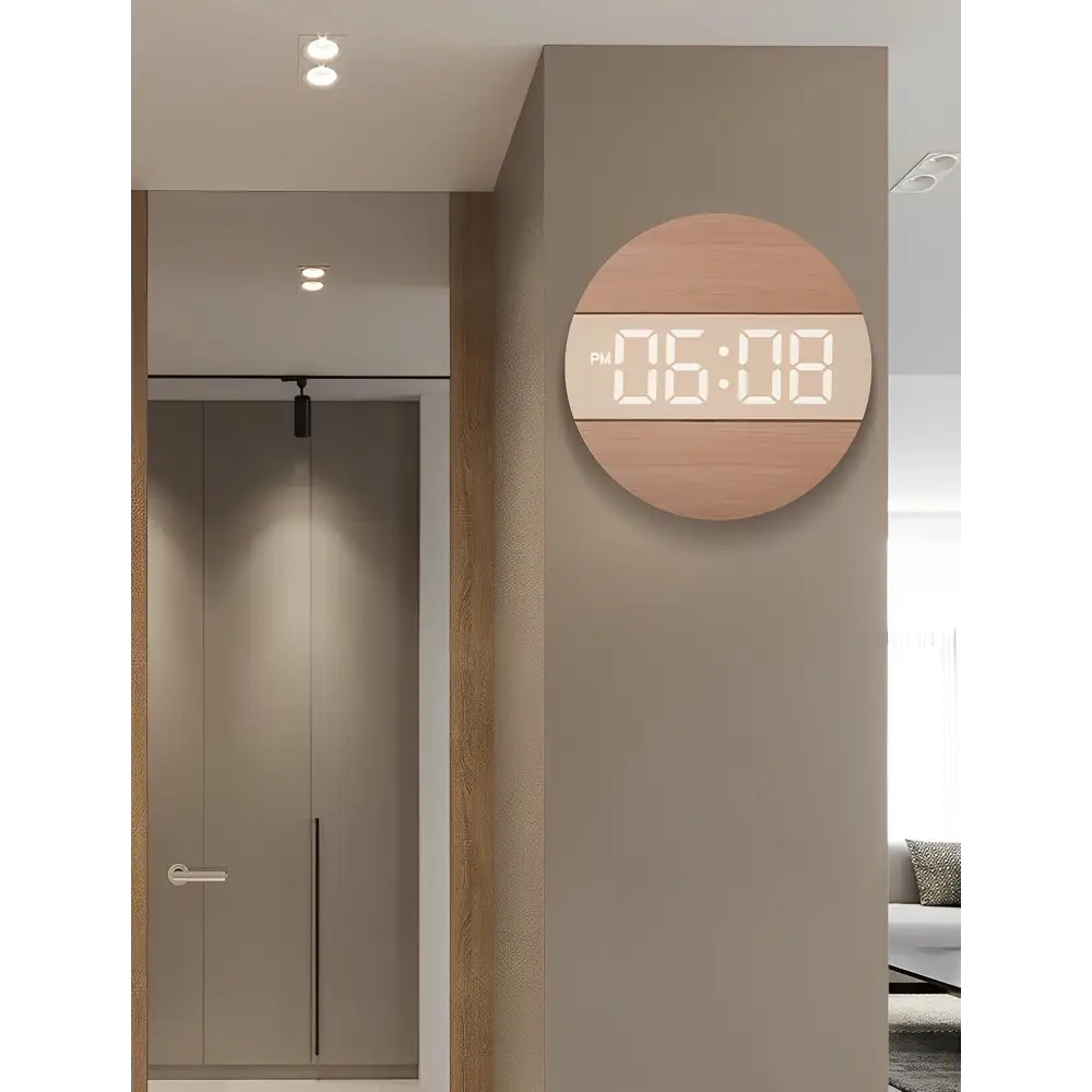 LED Wood Wall Clock - Digital Display, Silent, 12/24H Mode