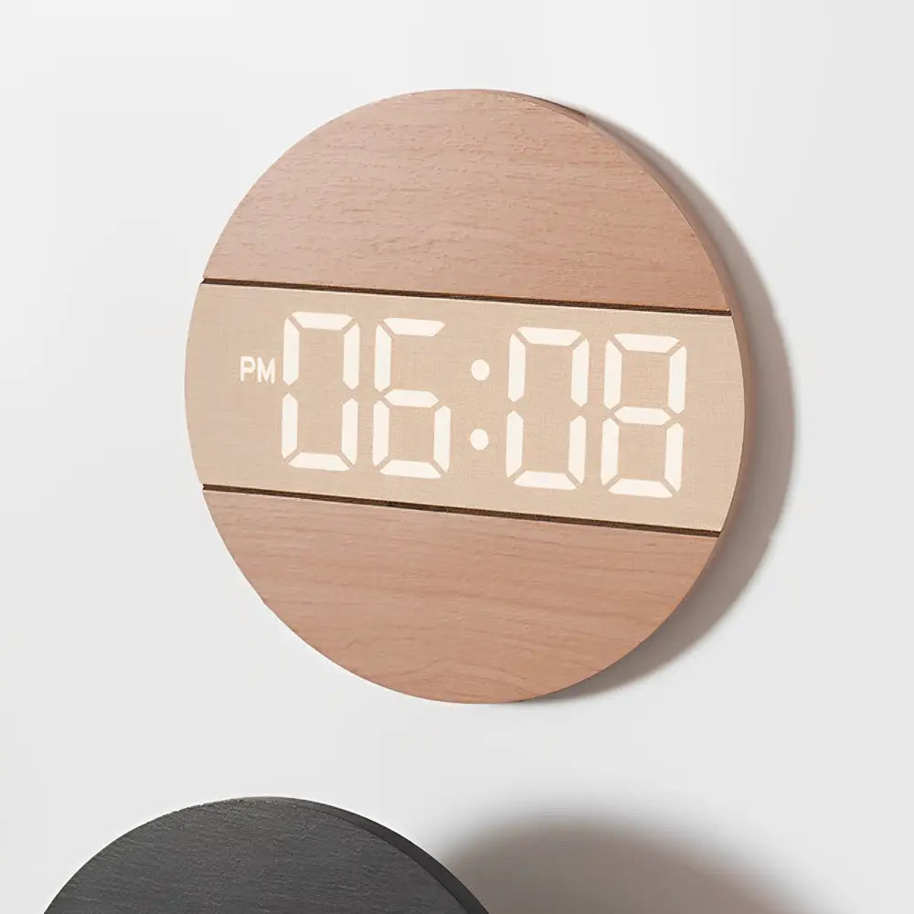 LED Wood Wall Clock - Digital Display, Silent, 12/24H Mode