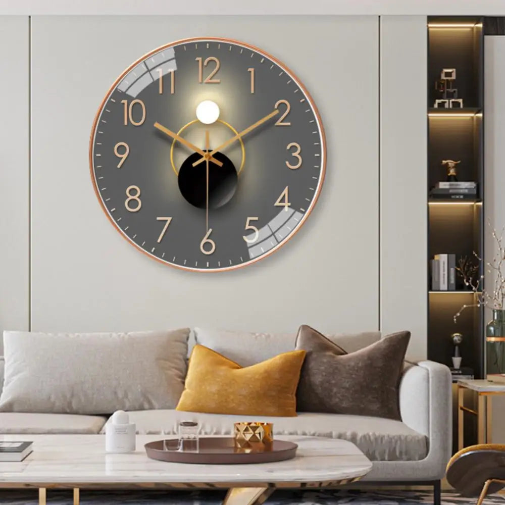 Close-up of glass dial and analog hands on the Light and Shadow wall clock