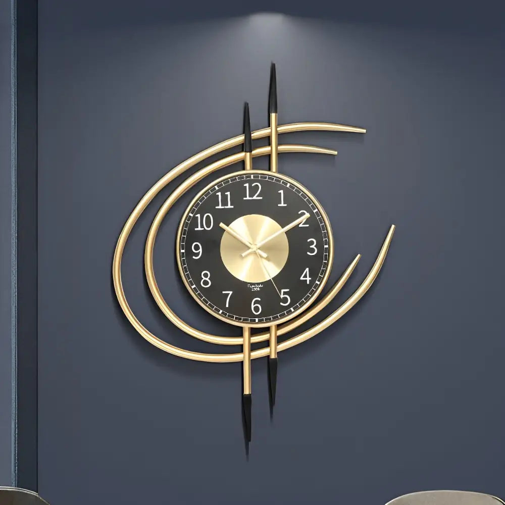 Gold and black metal wall clock side profile showing metal body construction