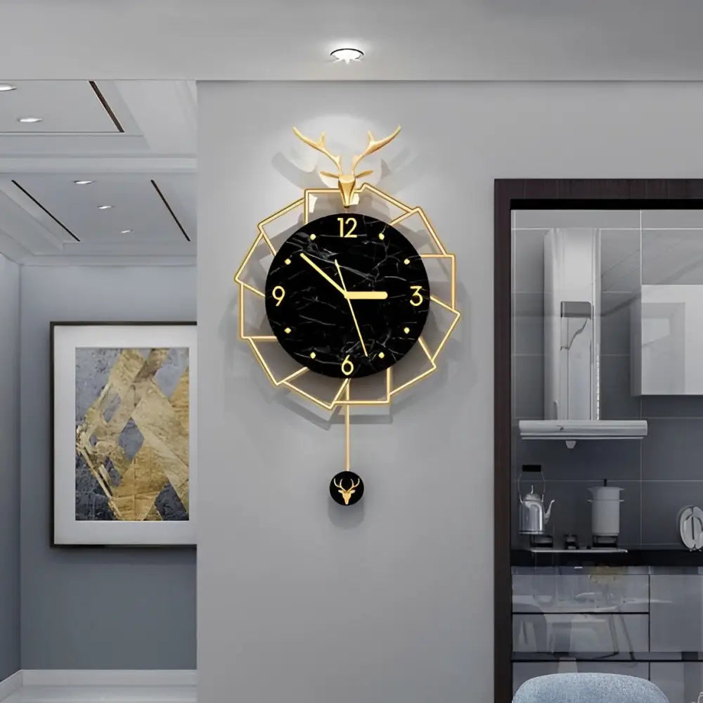 Metal and copper construction detail of luxury deer wall clock