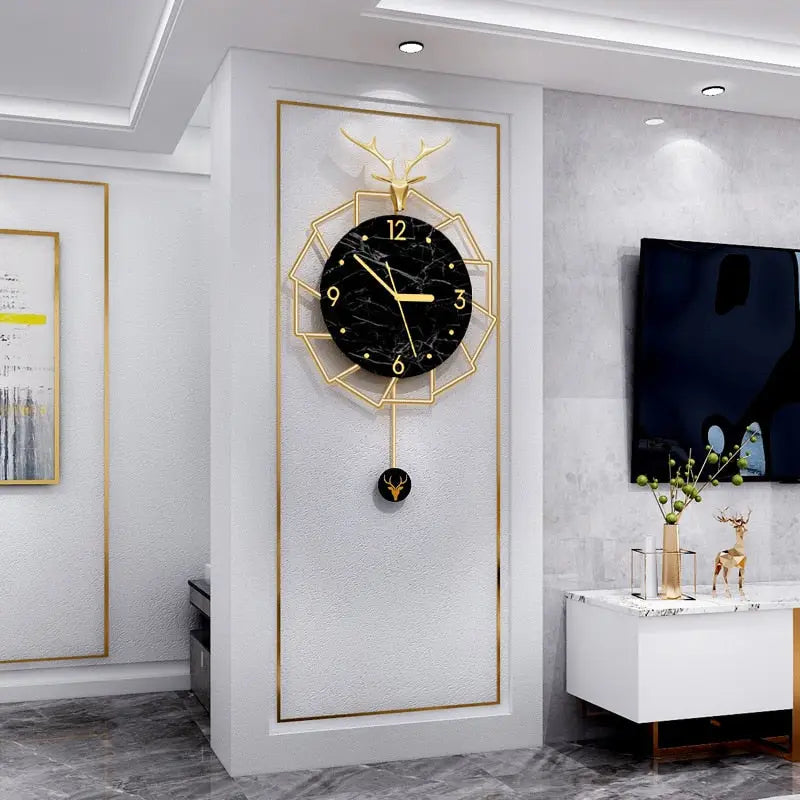Side profile of black marble gold deer decorative wall clock