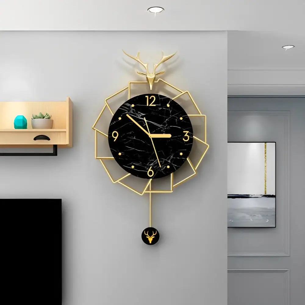 Luxury Gold Deer Wall Clock - Black Marble Metal Design