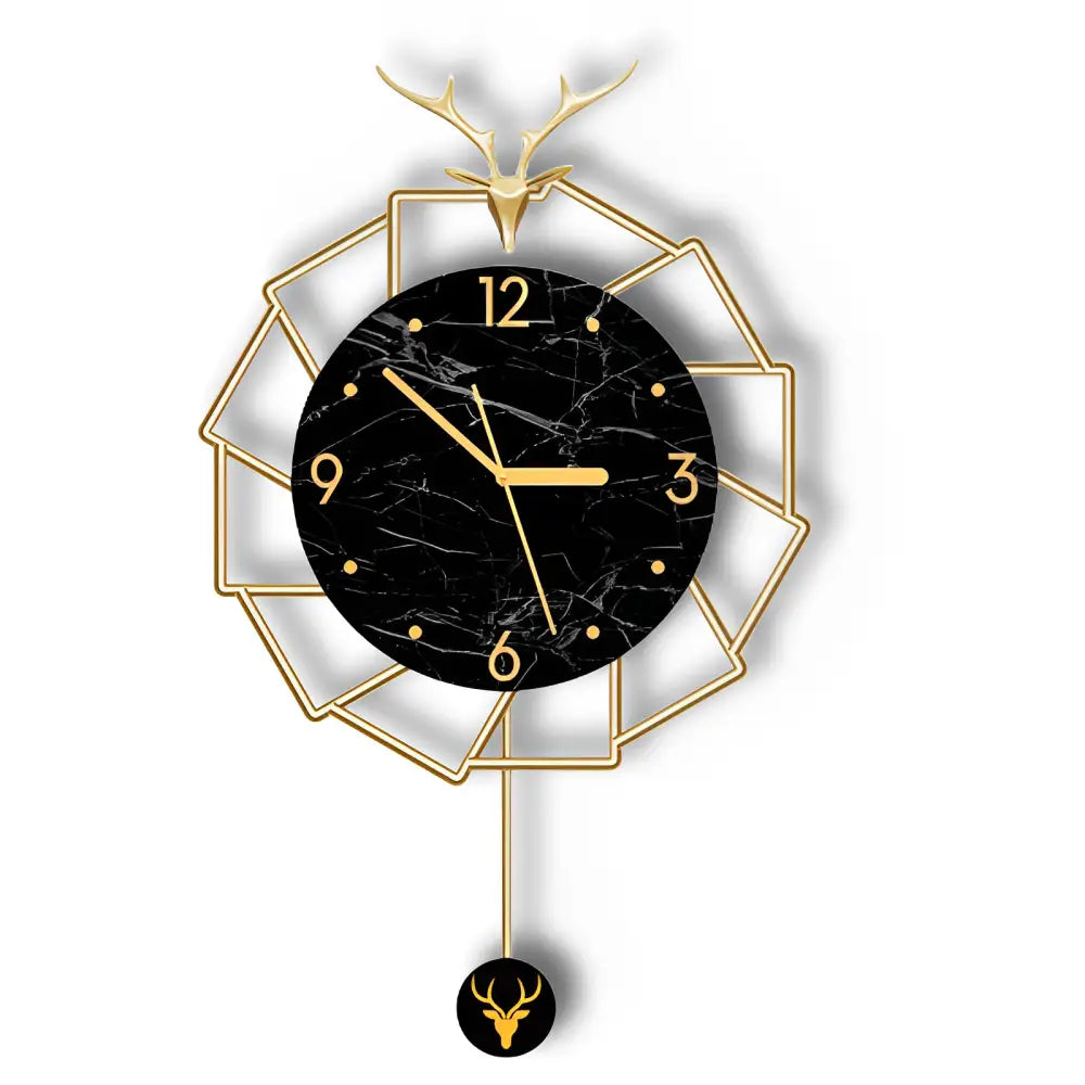 Luxury Gold Deer Wall Clock - Black Marble Metal Design