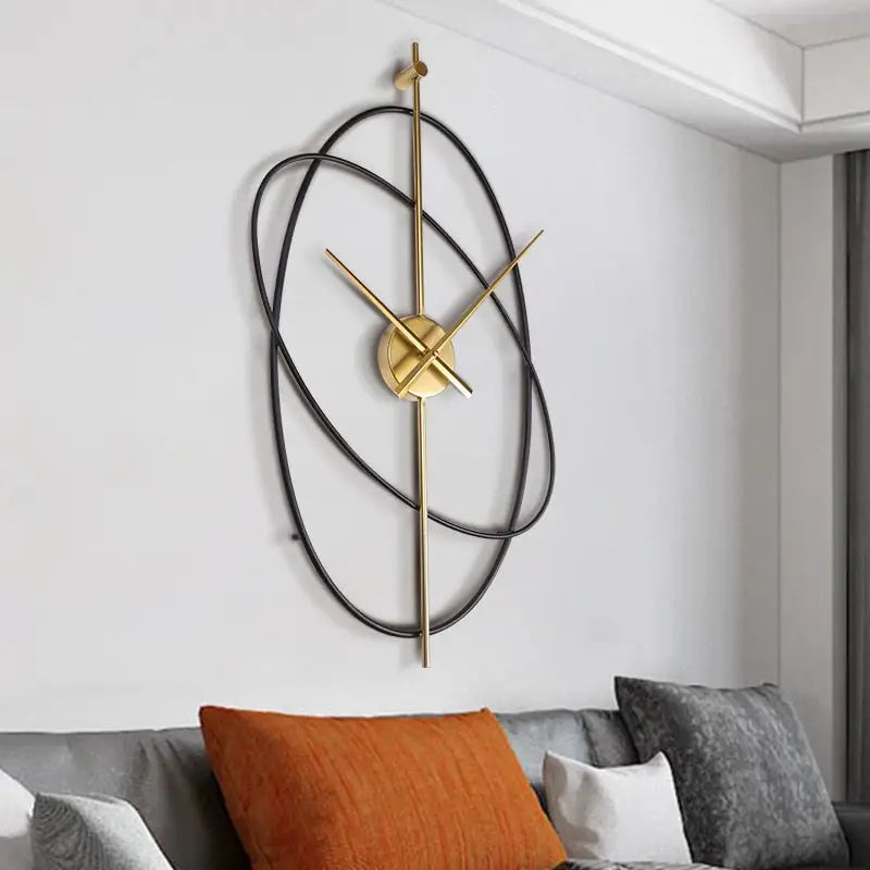 Close-up of oval metal clock face with analog hands and quartz movement