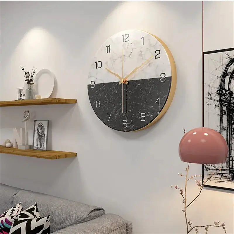 Green stone marble wall clock in a contemporary bedroom setting