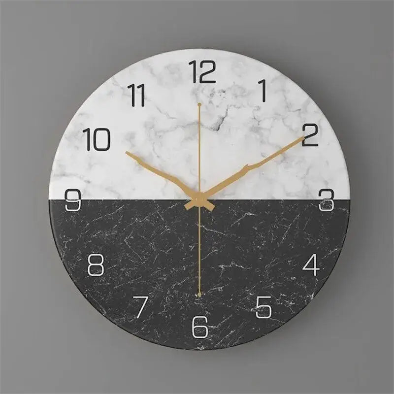 Seven color variants of the marble effect wall clock laid flat